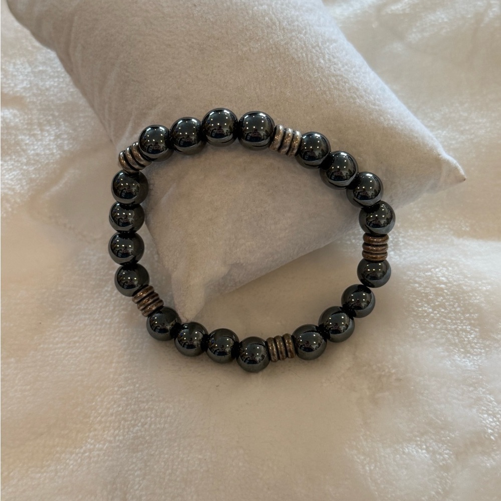 Natural Hematite Stretch Bracelet Silver Spacers-Handmade Unisex Healing Jewelry - Picture 3 of 3